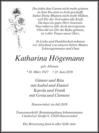Traueranzeige von Katharina Högemann von Die Glocke