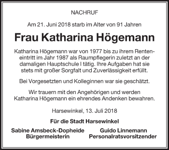 Traueranzeige von Katharina Högemann von Die Glocke