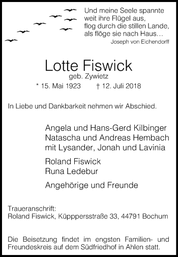 Traueranzeige von Lotte Fiswick von Die Glocke