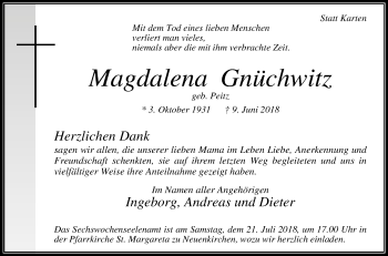 Traueranzeige von Magdalena Gnüchwitz von Die Glocke