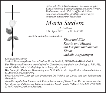 Traueranzeige von Maria Stedem von Die Glocke