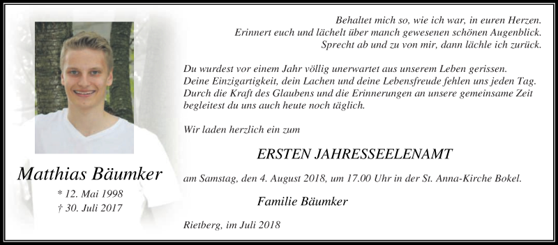  Traueranzeige für Matthias Bäumker vom 28.07.2018 aus Die Glocke