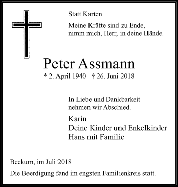 Traueranzeige von Peter Assmann von Die Glocke