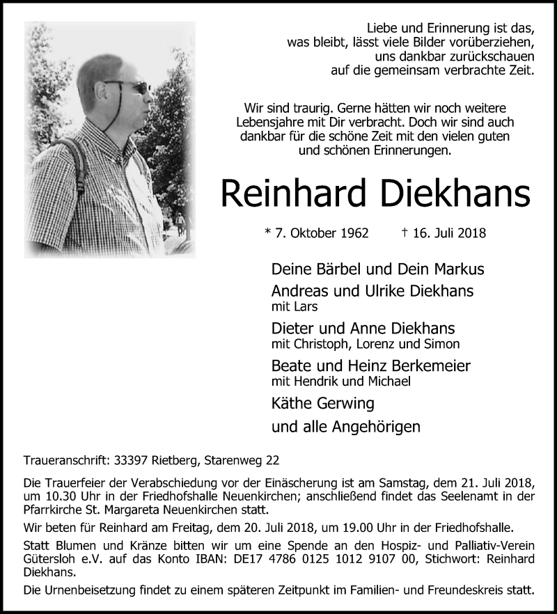  Traueranzeige für Reinhard Diekhans vom 19.07.2018 aus Die Glocke