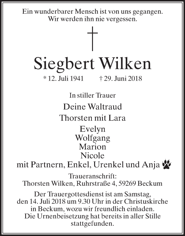  Traueranzeige für Siegbert Wilken vom 11.07.2018 aus Die Glocke