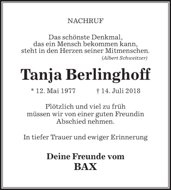 Traueranzeige von Tanja Berlinghoff von Die Glocke