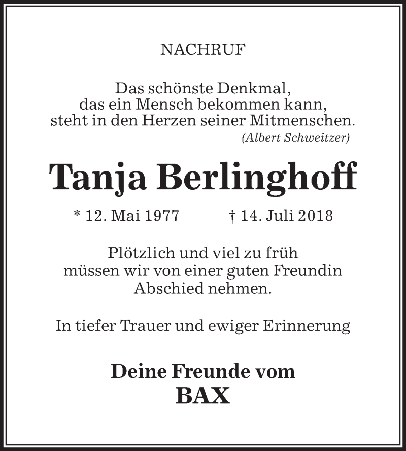  Traueranzeige für Tanja Berlinghoff vom 20.07.2018 aus Die Glocke