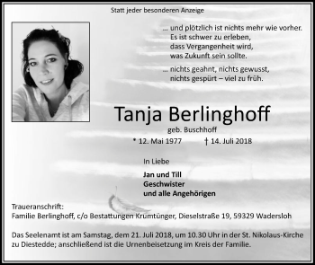 Traueranzeige von Tanja Berlinghoff von Die Glocke