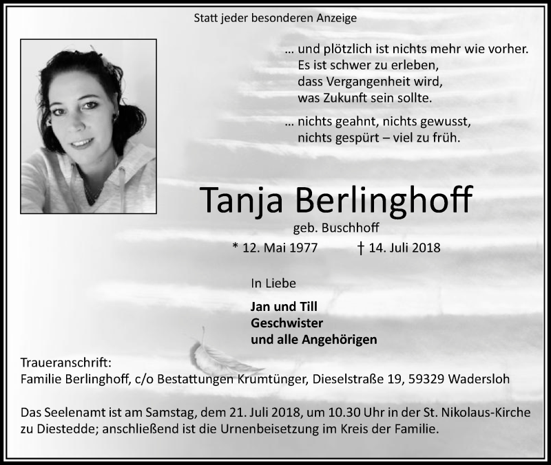  Traueranzeige für Tanja Berlinghoff vom 17.07.2018 aus Die Glocke