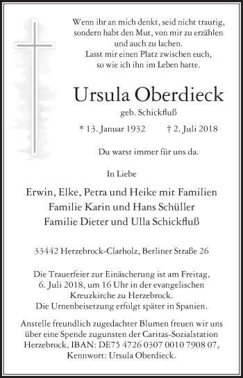 Traueranzeige von Ursula Oberdieck von Die Glocke