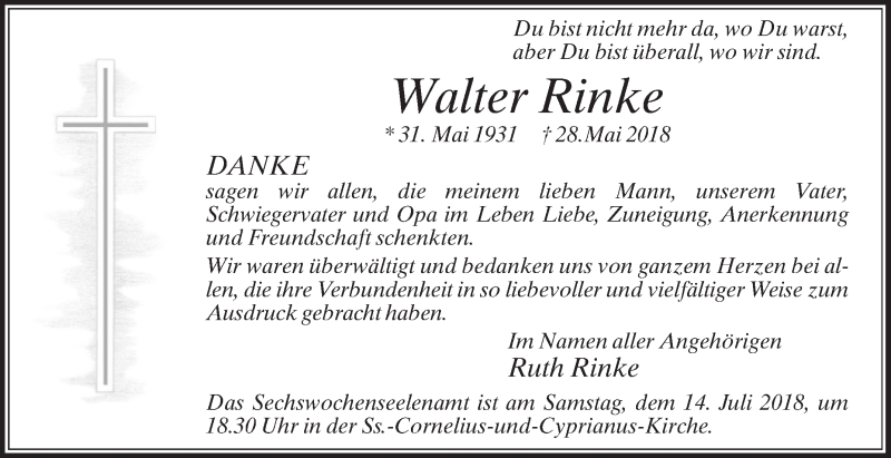  Traueranzeige für Walter Rinke vom 11.07.2018 aus Die Glocke