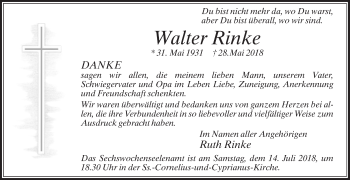 Traueranzeige von Walter Rinke von Die Glocke