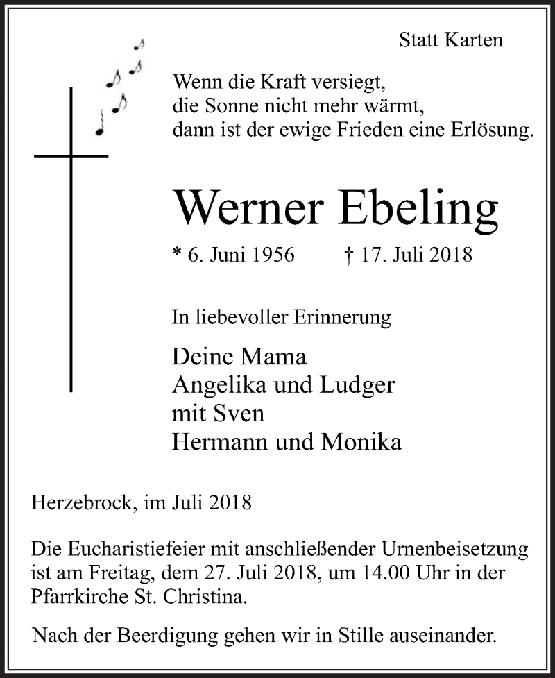  Traueranzeige für Werner Ebeling vom 21.07.2018 aus Die Glocke