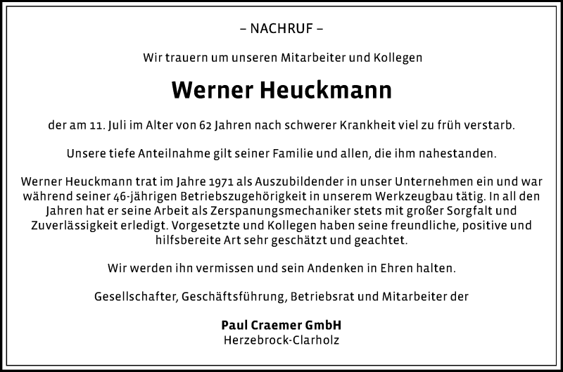  Traueranzeige für Werner Heuckmann vom 17.07.2018 aus Die Glocke
