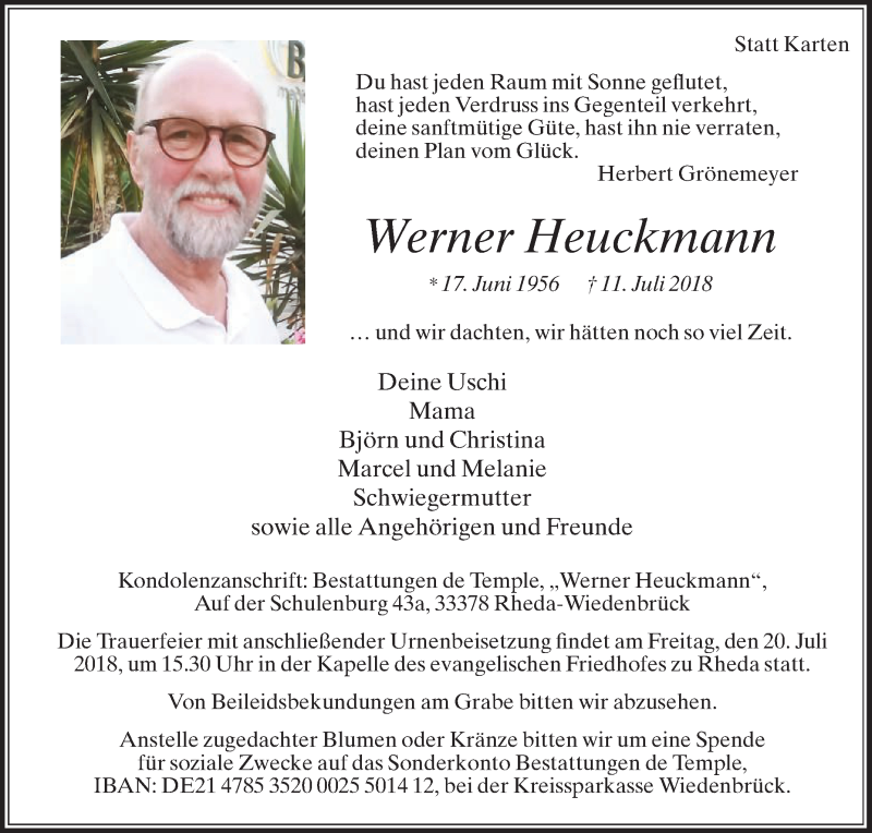  Traueranzeige für Werner Heuckmann vom 14.07.2018 aus Die Glocke