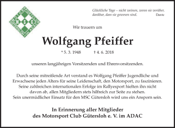 Traueranzeige von Wolfgang Pfeiffer von Die Glocke