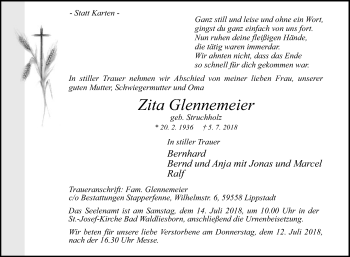 Traueranzeige von Zita Glennemeier von Die Glocke