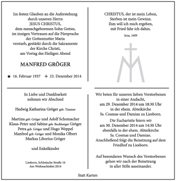 Traueranzeige von Manfred Gröger von Die Glocke
