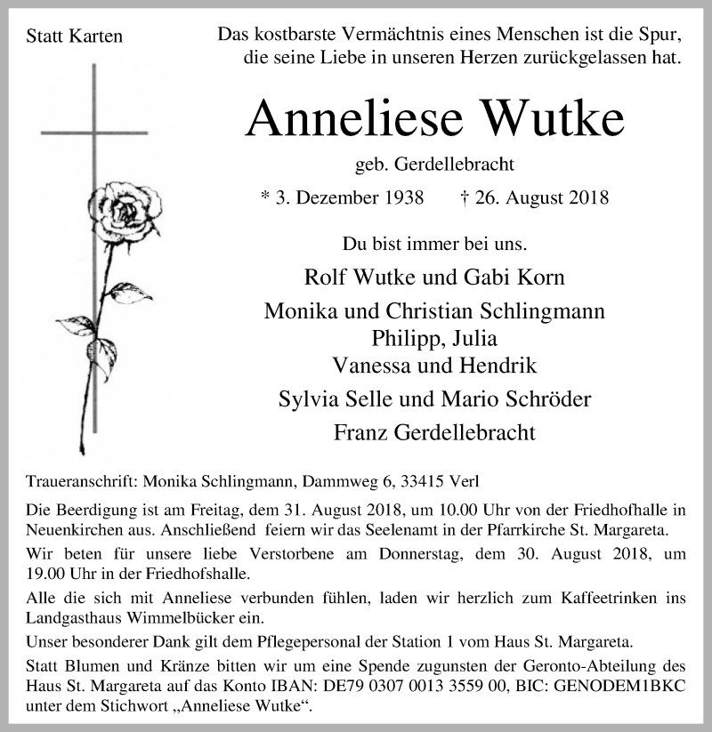  Traueranzeige für Anneliese Wutke vom 28.08.2018 aus Die Glocke