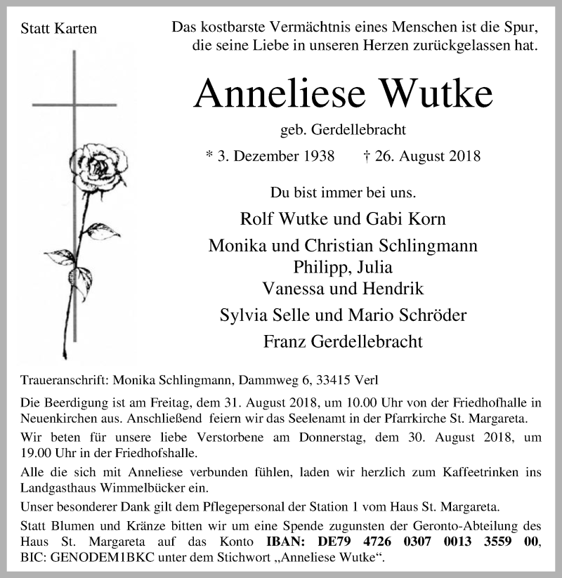  Traueranzeige für Anneliese Wutke vom 29.08.2018 aus Die Glocke
