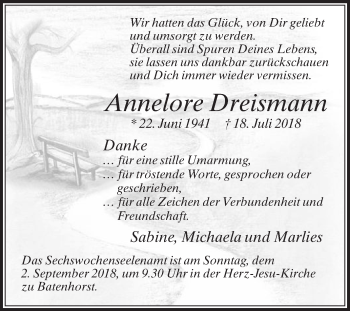 Traueranzeige von Annelore Dreismann von Die Glocke