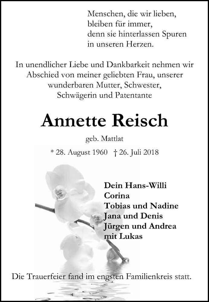  Traueranzeige für Annette Reisch vom 01.08.2018 aus Die Glocke