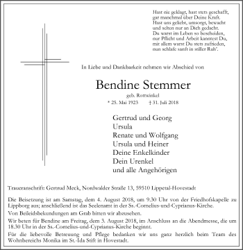 Traueranzeige von Bendine Stemmer von Die Glocke