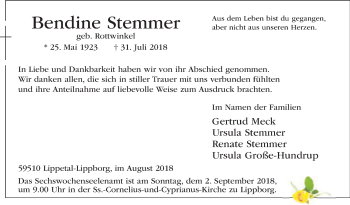 Traueranzeige von Bendine Stemmer von Die Glocke