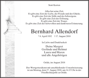Traueranzeige von Bernhard Allendorf von Die Glocke
