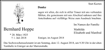 Traueranzeige von Bernhard Hoppe von Die Glocke