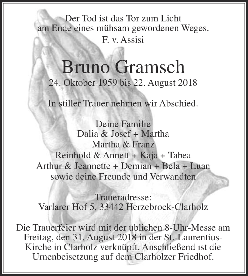  Traueranzeige für Bruno Gramsch vom 28.08.2018 aus Die Glocke