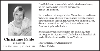 Traueranzeige von Christiane Fahle von Die Glocke