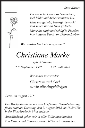 Traueranzeige von Christiane Marke von Die Glocke