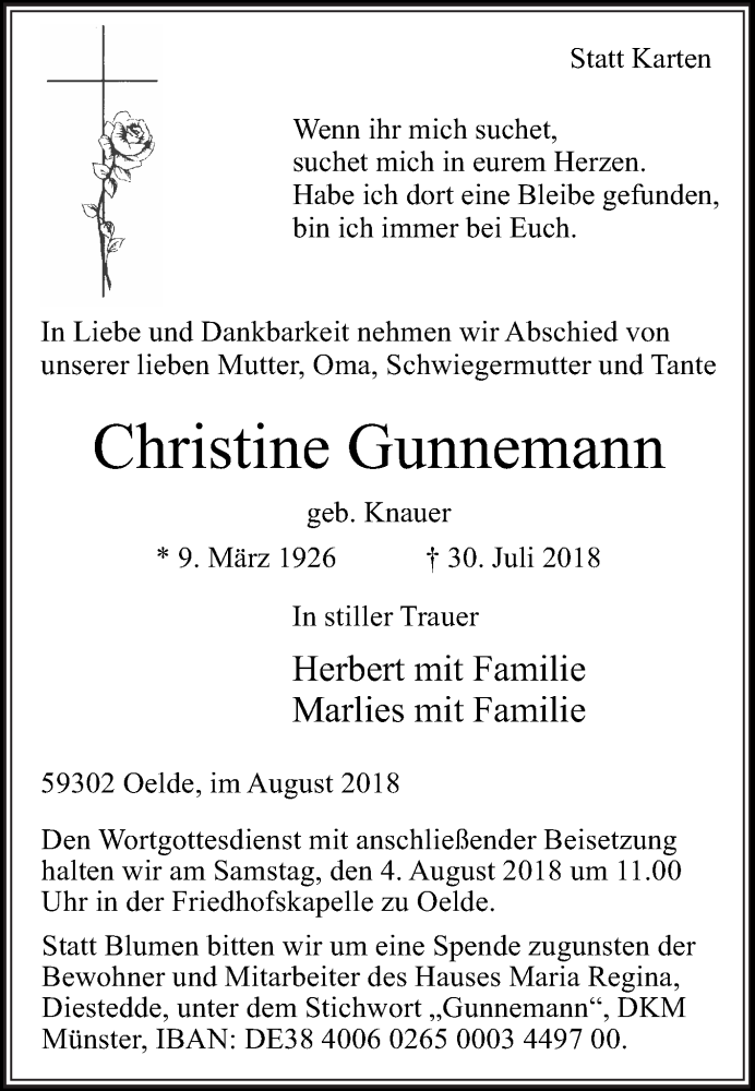  Traueranzeige für Christine Gunnemann vom 02.08.2018 aus Die Glocke