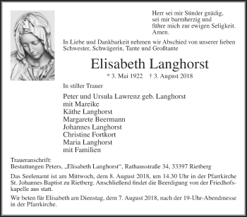 Traueranzeige von Elisabeth Langhorst von Die Glocke