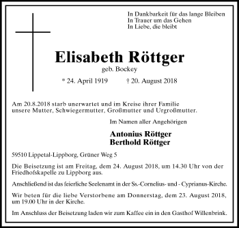 Traueranzeige von Elisabeth Röttger von Die Glocke