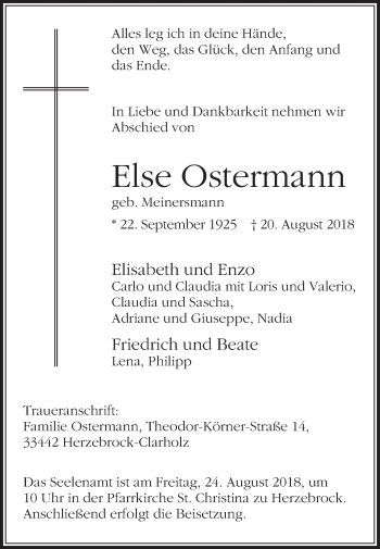 Traueranzeige von Else Ostermann von Die Glocke