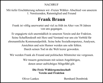 Traueranzeige von Frank Braun von Die Glocke