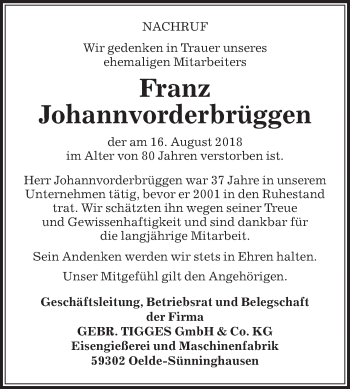 Traueranzeige von Franz Johannvorderbrüggen von Die Glocke