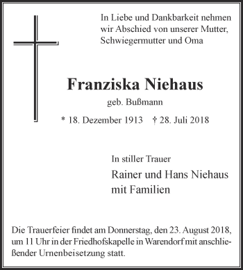 Traueranzeige von Franziska Niehaus von Die Glocke