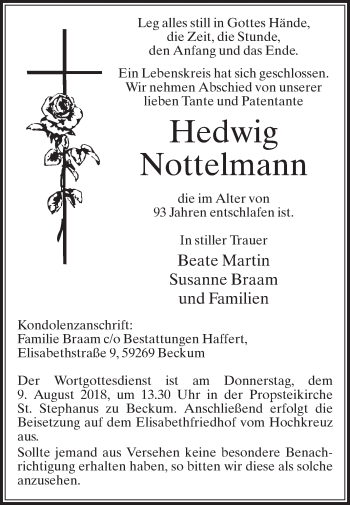 Traueranzeige von Hedwig Nottelmann von Die Glocke