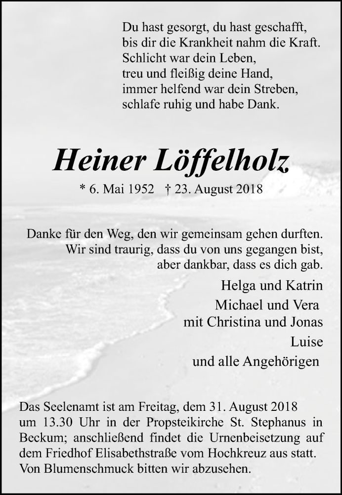  Traueranzeige für Heiner Löffelholz vom 25.08.2018 aus Die Glocke