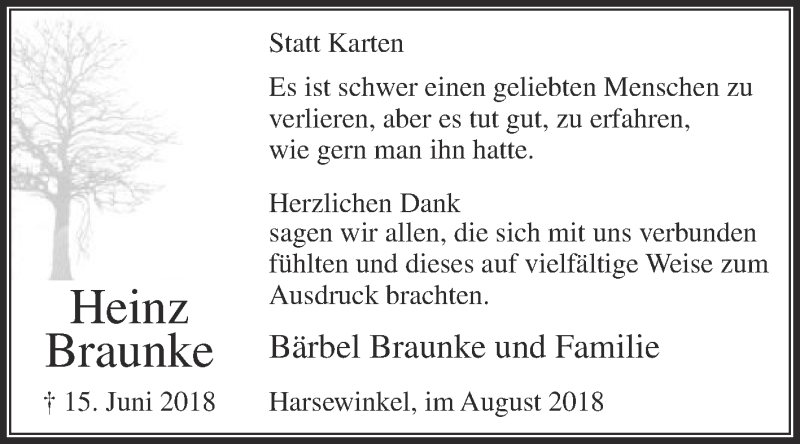  Traueranzeige für Heinz Braunke vom 18.08.2018 aus Die Glocke