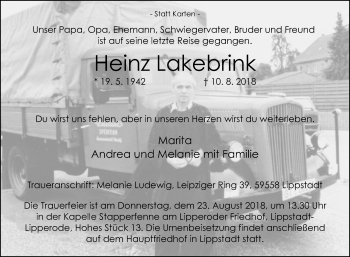 Traueranzeige von Heinz Lakebrink von Die Glocke