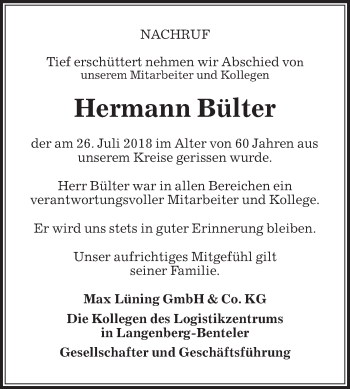 Traueranzeige von Hermann Bülter von Die Glocke