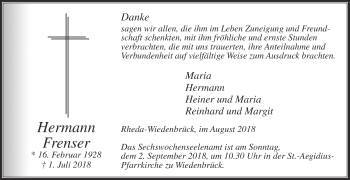 Traueranzeige von Hermann Frenser von Die Glocke