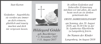 Traueranzeige von Hildegard Gödde von Die Glocke