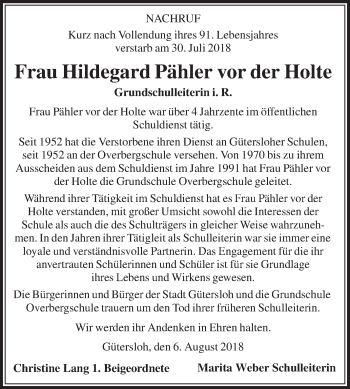 Traueranzeige von Hildegard Pähler vor der Holte von Die Glocke