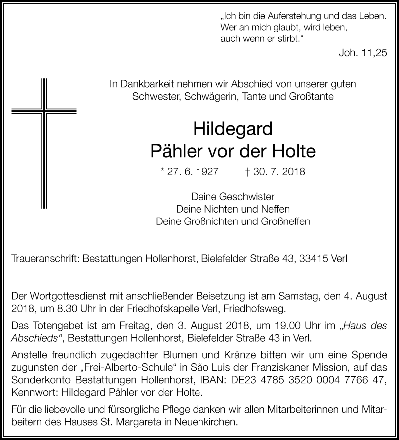  Traueranzeige für Hildegard Pähler vor der Holte vom 02.08.2018 aus Die Glocke