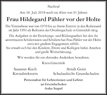 Traueranzeige von Hildegard Pähler vor der Holte von Die Glocke